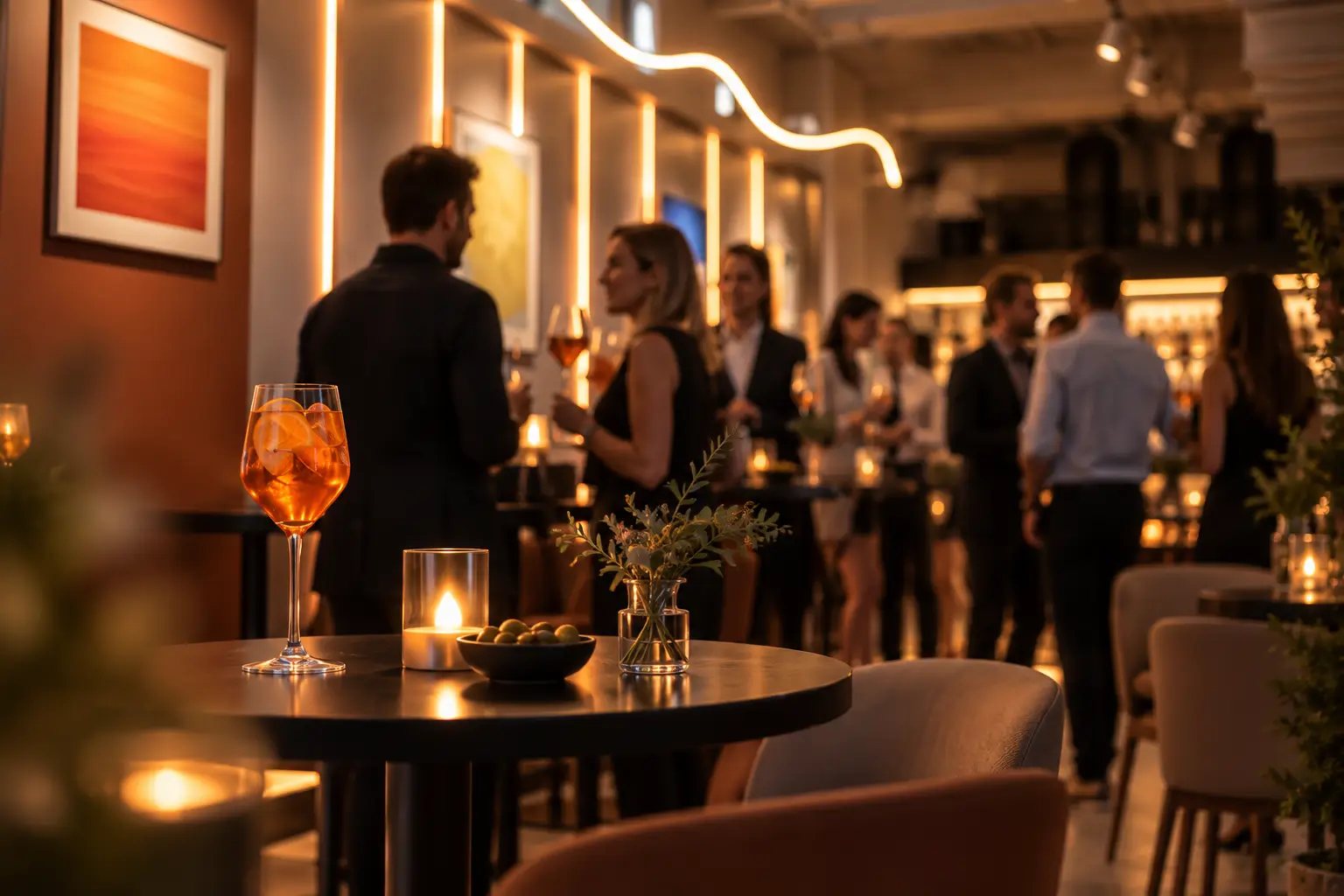 Dwoje gości rozmawiających przy świecach, aperitivo na stole, linie ciepłego światła — wizualizacja
