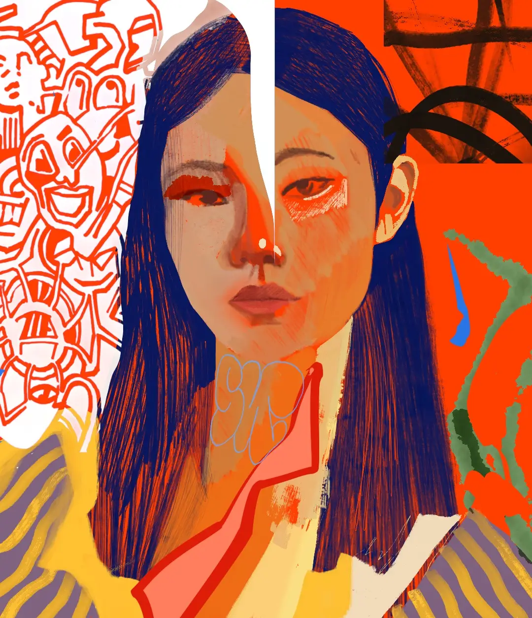 Portret w kolorach pomarańczu, granatu i żółci autorstwa artysty PRAKTIS